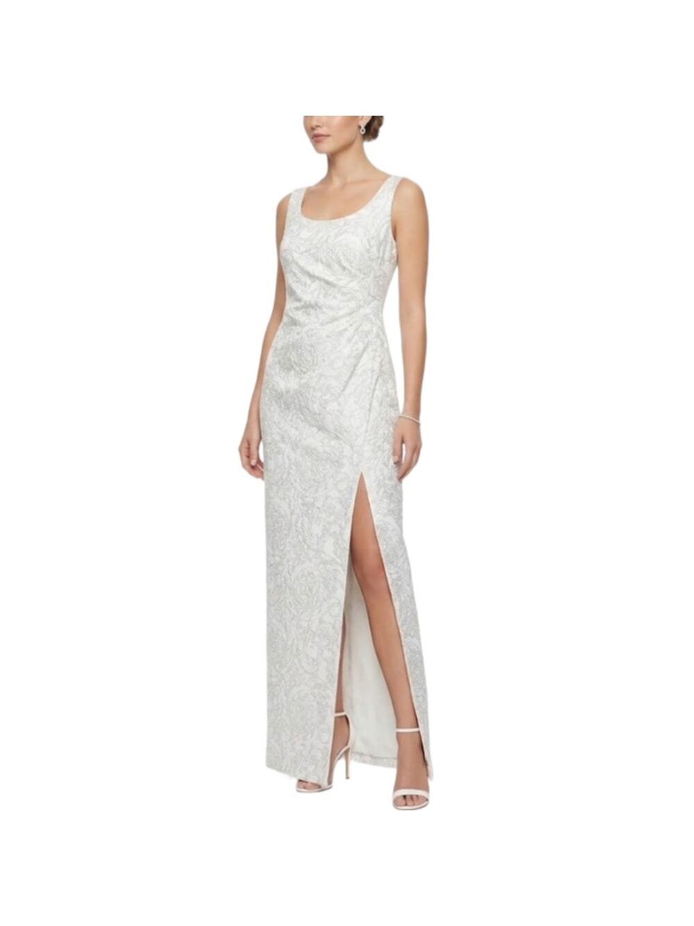 Adrianna Papell White and Gold Evening Gown Metallic Floral Column Dress Size 6